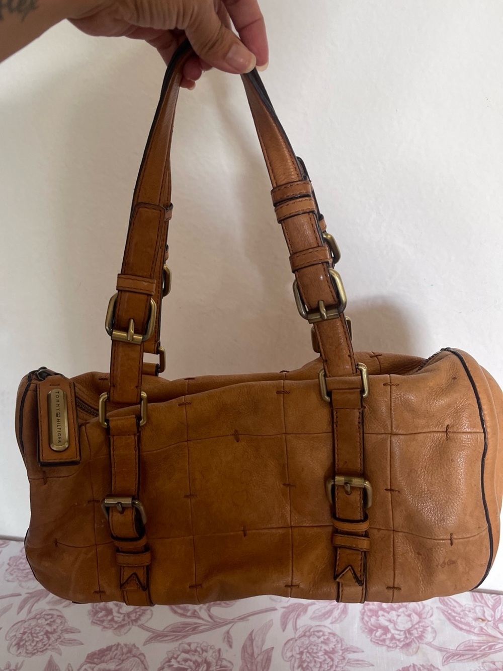 Tommy Hilfiger Tan Leather Barrel Shoulder Bag with Buckle Straps